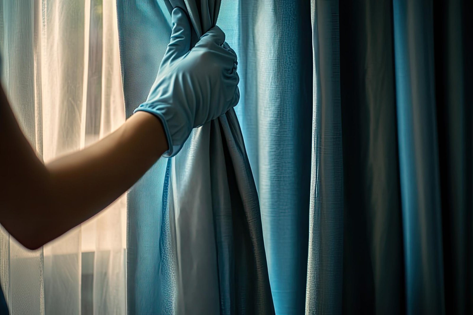 Profesional preparando cortinas para su limpieza en Lorca